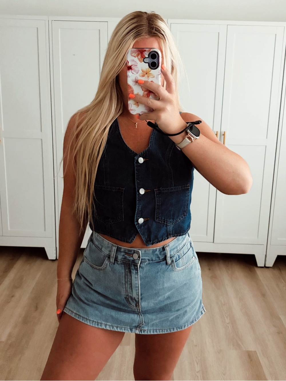 Dark wash denim button up cropped vest